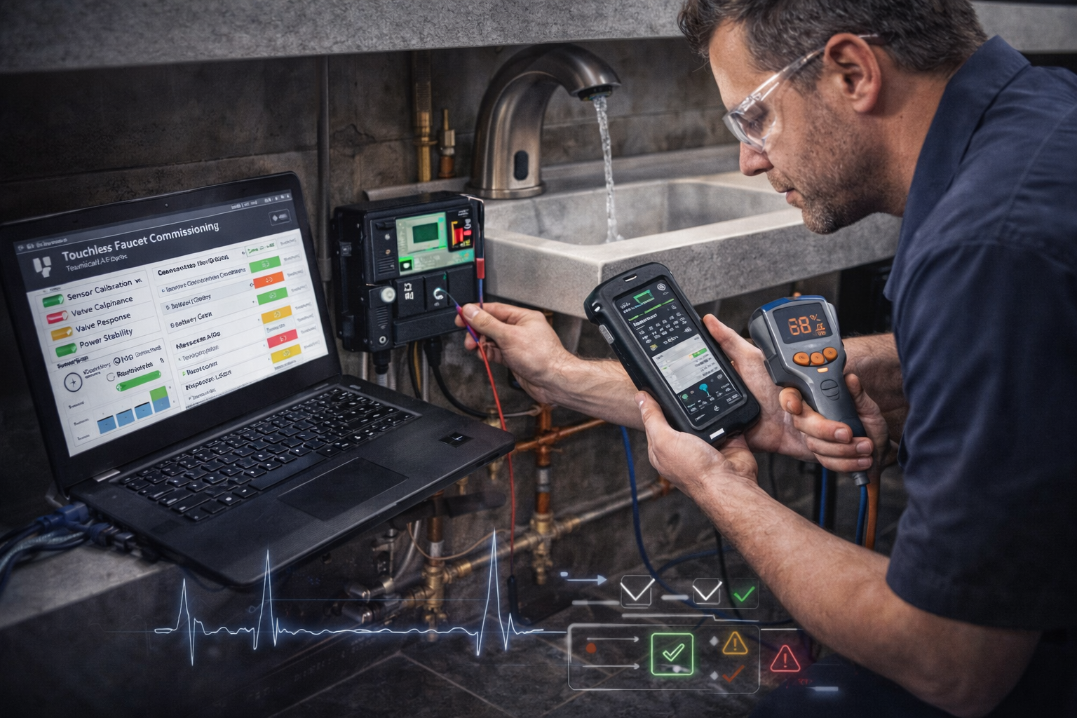Structured commissioning of commercial touchless faucet systems